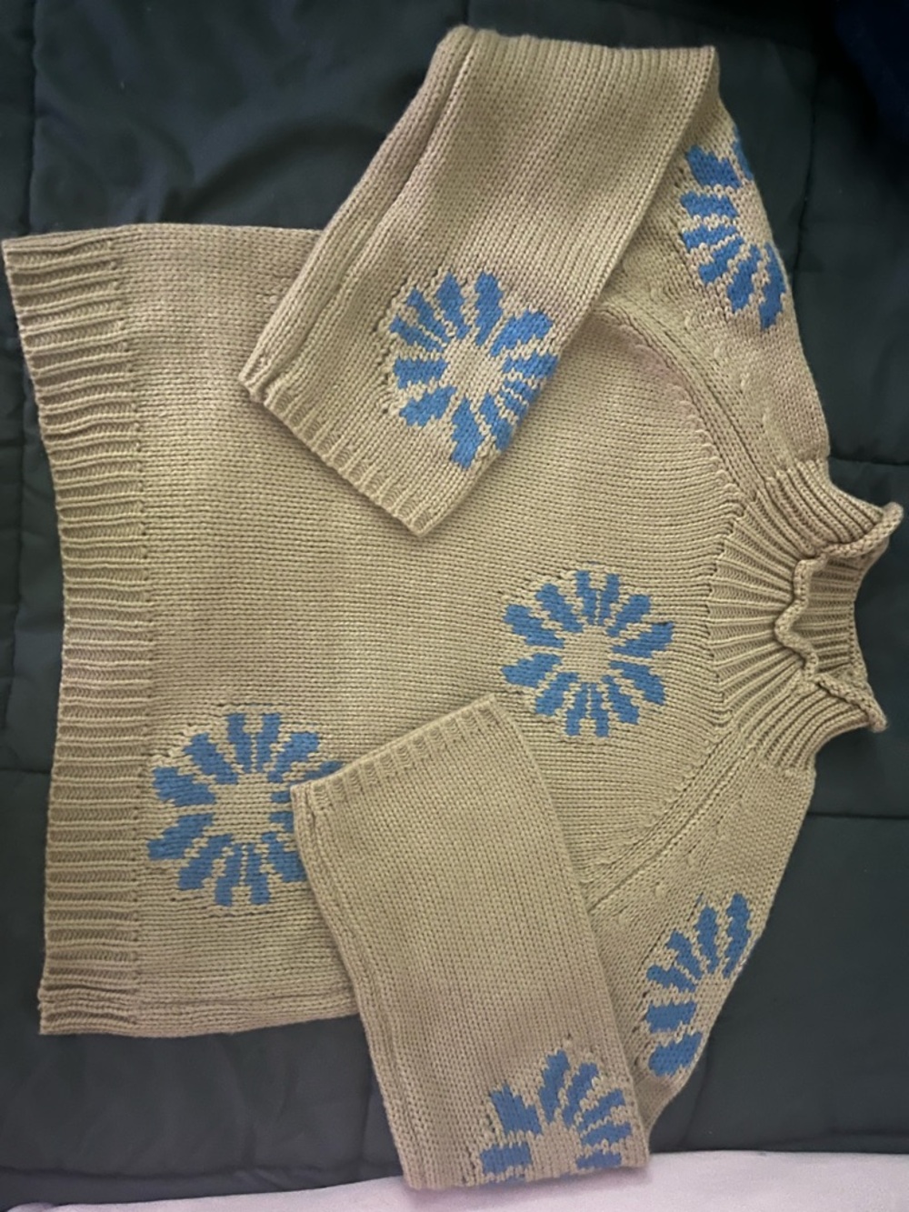 Chunky Knit Floral Pullover Sweater in Olive with Blue Flowers